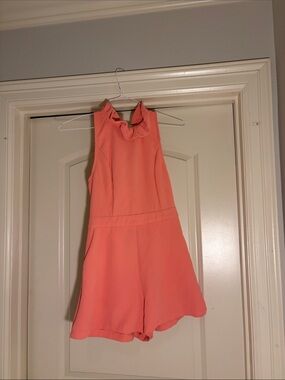 Women's Coral Halter Romper with Ruffle Neck